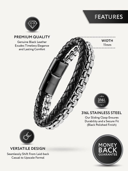 Black Leather & Silver Box Chain Bracelet