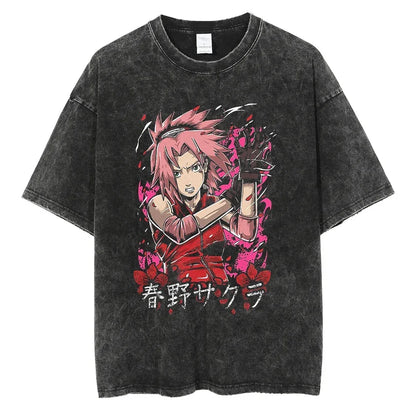 Naruto Rock Lee Streetwear T Shirt Vintage Washed Black